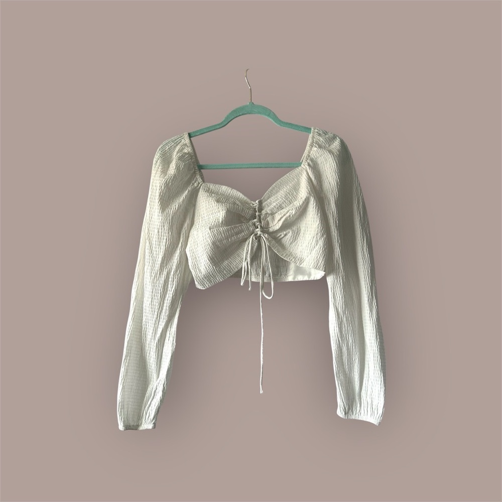 Topshop Cream Long Sleeve Ruched Crop Blouse